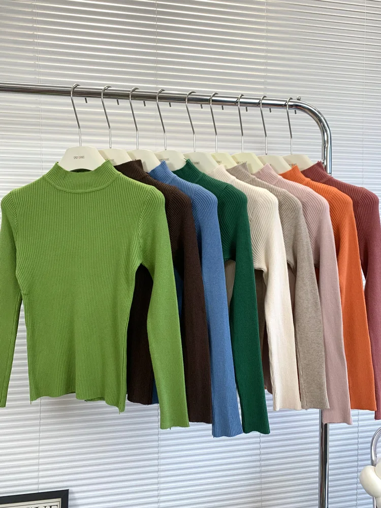 

Casual Basic Ribbed Knitted Pullovers Half-High Neck Knitwears Long Sleeve Solid Color Multi Color Slim Sweaters Tops 2026 New