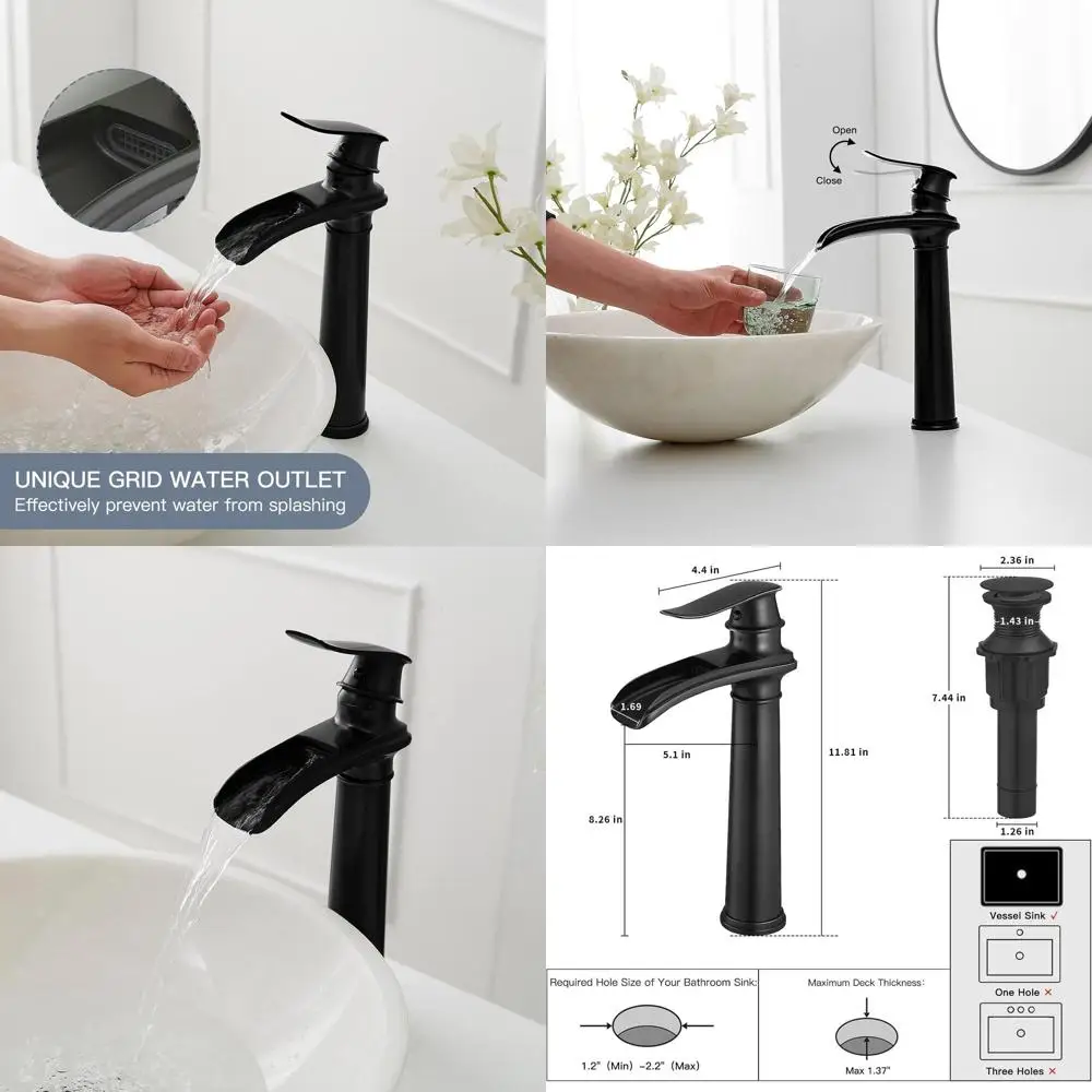 

Modern Matte Black Single Handle Vessel Sink Faucet with Pop-Up Drain and Water Supply Kit