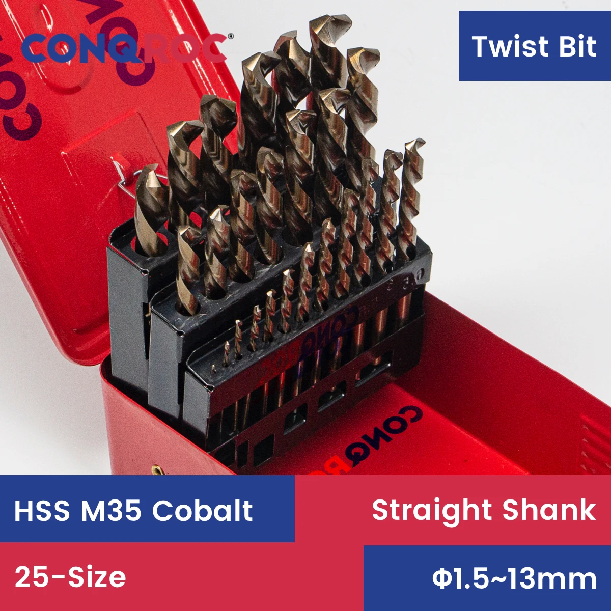 

Twist Drill Bits Set 25-Size Diameter-1.5~13mm HSS M35 Cobalt Straight Shank with Metal Case