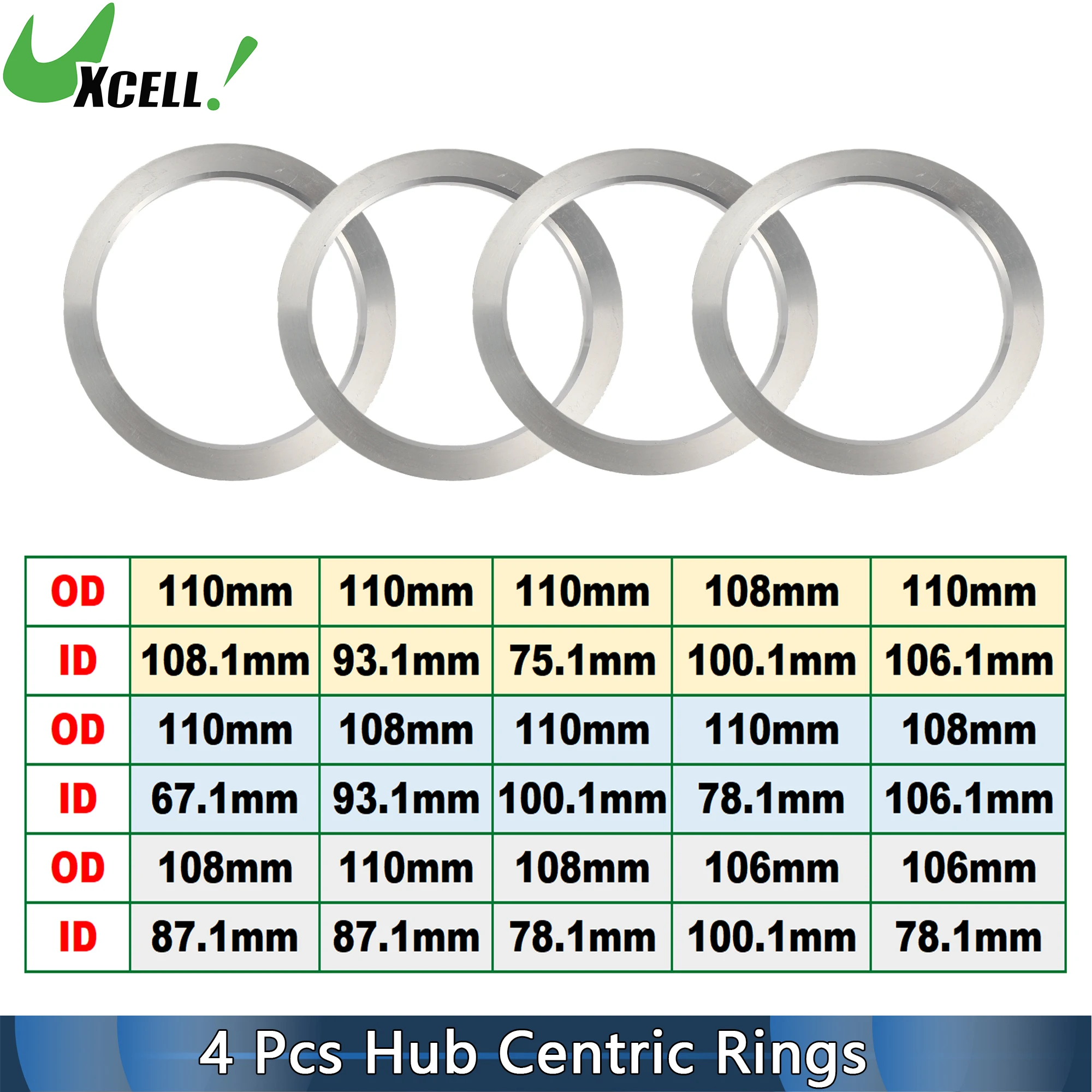 UXCELL 4pcs OD 110/108/106mm to ID 108.1/93.1/75.1/100.1/106.1/67.1/78.1/87.1mm Car Wheel Hub Centric Rings Aluminum Alloy