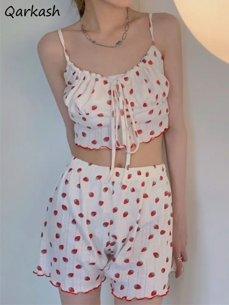 Strawberry Floral Pajama Sets Women Sleepwear Sweet Sexy Sleeveless Vintage Summer Aesthetic Home Y2k Young Tender New Trendy