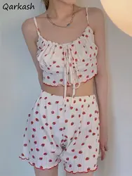 Strawberry Floral Pajama Sets Women Sleepwear Sweet Sexy Sleeveless Vintage Summer Aesthetic Home Y2k Young Tender New Trendy