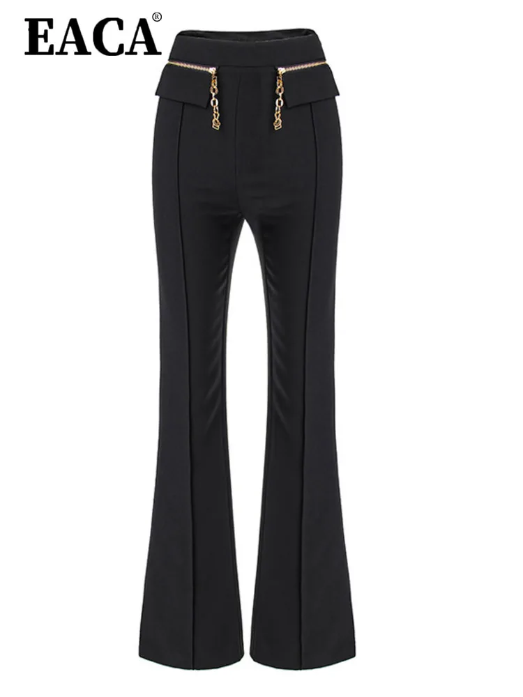 EACA 2024 Summer Workplace Commuting Style: Black Chain Decoration, Hanging Style, Wide Leg Pants, Casual Pants, Trendy