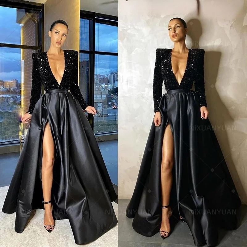 

Wholesale Elegant Satin Evening Dresses Long Sparkle Sequined Sexy Deep V Neck Side Slit Formal Prom Gown Simple Robe De Soiree