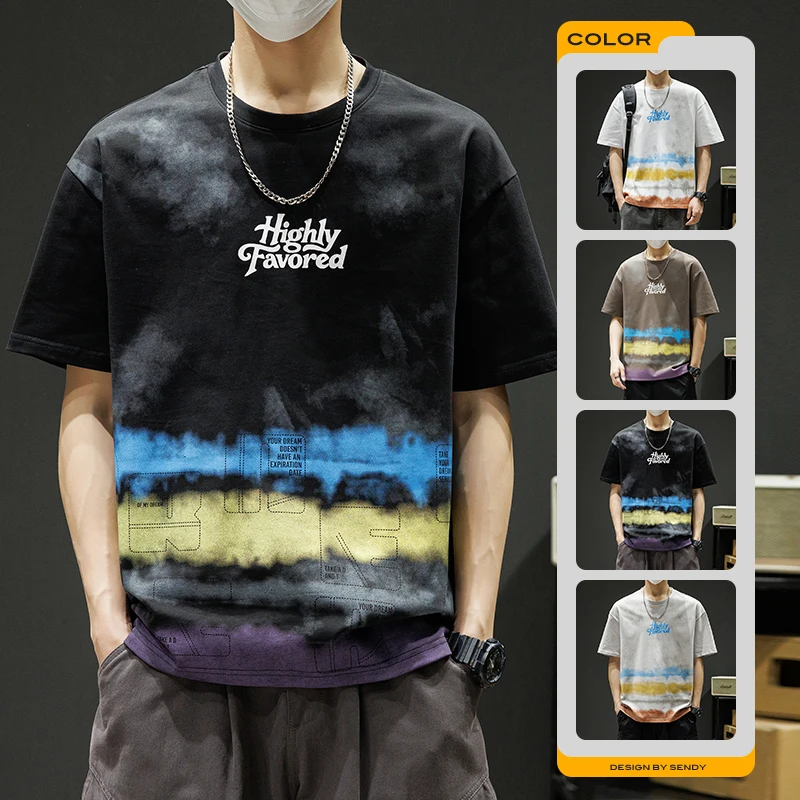

Мужская футболка оверсайз с градиентным принтом тай-дай – свободный крой, с буквенным принтом, повседневная уличная одежда, короткий рукав