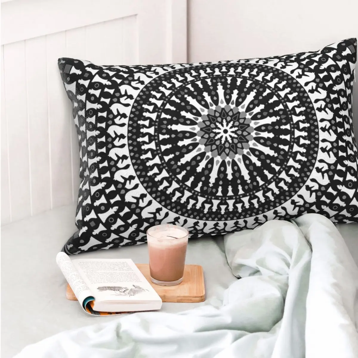 Chess Pieces Mandala Grayscale Chessboard Rectangle Pillowcase Cushion Cover Decor Bedroom Bed Home Comfort Throw Pillow