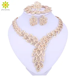 Jewelry Sets For Women Fine Crystal Necklace Earrings Bracelet Set African Beads Gold Color Pendant Wedding Dress Accessories