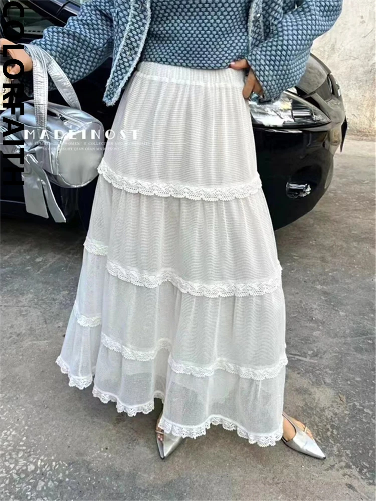 Colorfaith SK9566NC New 2024 Lace Vintage High Waist A-Line Elegant Lady Korean Fashion Wild Spring Summer Women Long Skirts