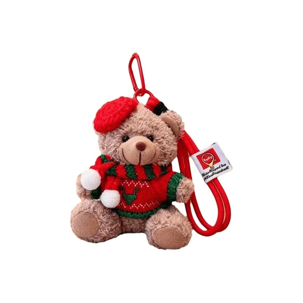 Red Beret Plush Bear Keychain Knitted Sweater Soft Plush Xmas Tree Bauble Mini Size Creative Design Cartoon Bag Charm Car Mirror