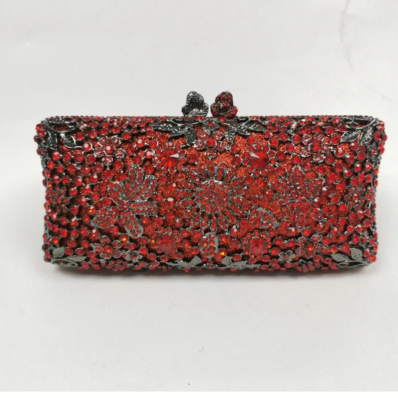 

XIYUAN Hollow Red Flower Woman Crystal Evening Purse Wedding Bridal Party Floral Diamond Handbag Dinner Gala Banquet Clutch Bag