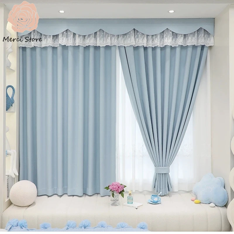 Merci Store 100% Blackout Custom Chenille Blue Valance Curtains for Childrens Room Bedroom Boys Girls Bay Window Thermal Drapes
