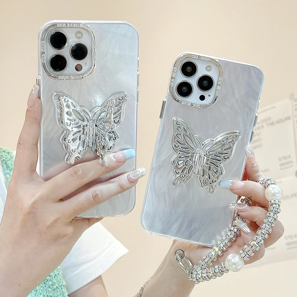 Electroplated Metal Butterfly Case for IPhone 15 14 13 12 11 Pro Max Plus Round Pearl Bracelet Anti Drop Case