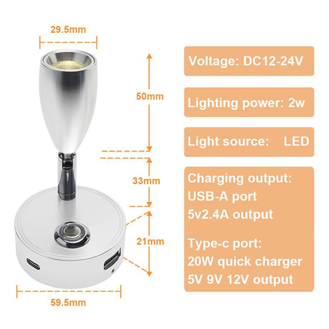 Dual USB Charging Ports 12V LED Reading Light RV Touch Dimmable Reading Lamp 3 Color USB C Charger 24 Volt Swivel Spotlight