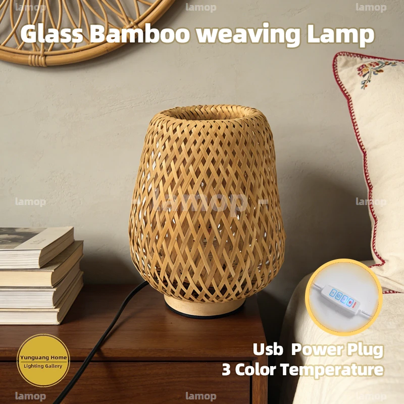 Murano Glass Natural Bamboo Table Lamp Even Light Output Minimalist Furnishing Light For Side Table Cottage Household Display