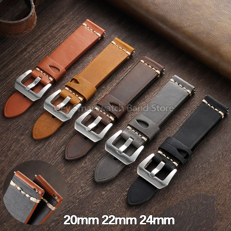 20mm 22mm 24mm Vintage Oil Wax Handmade Leather Watch Band Crazy Horse Cowhide Bracelet Men Women Sport Quick Release Wrist Band
