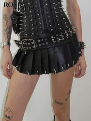 Rockmore Metal Ring Buckle Pleated Leather Skirt One-piece Low Waist Gothic Black Streetwear PU Women'S Mini Skirt Clubwear Sexy