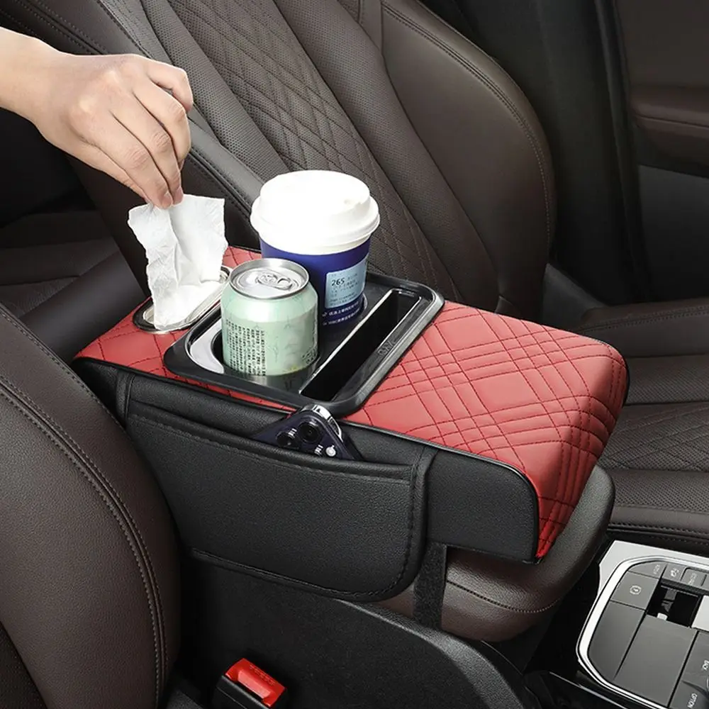 

Портативная подушка для подлокотника центральной консоли, многофункциональная с подстаканником, коробка для салфеток, подлокотник, подушка для автомобильного подлокотника из искусственной кожи