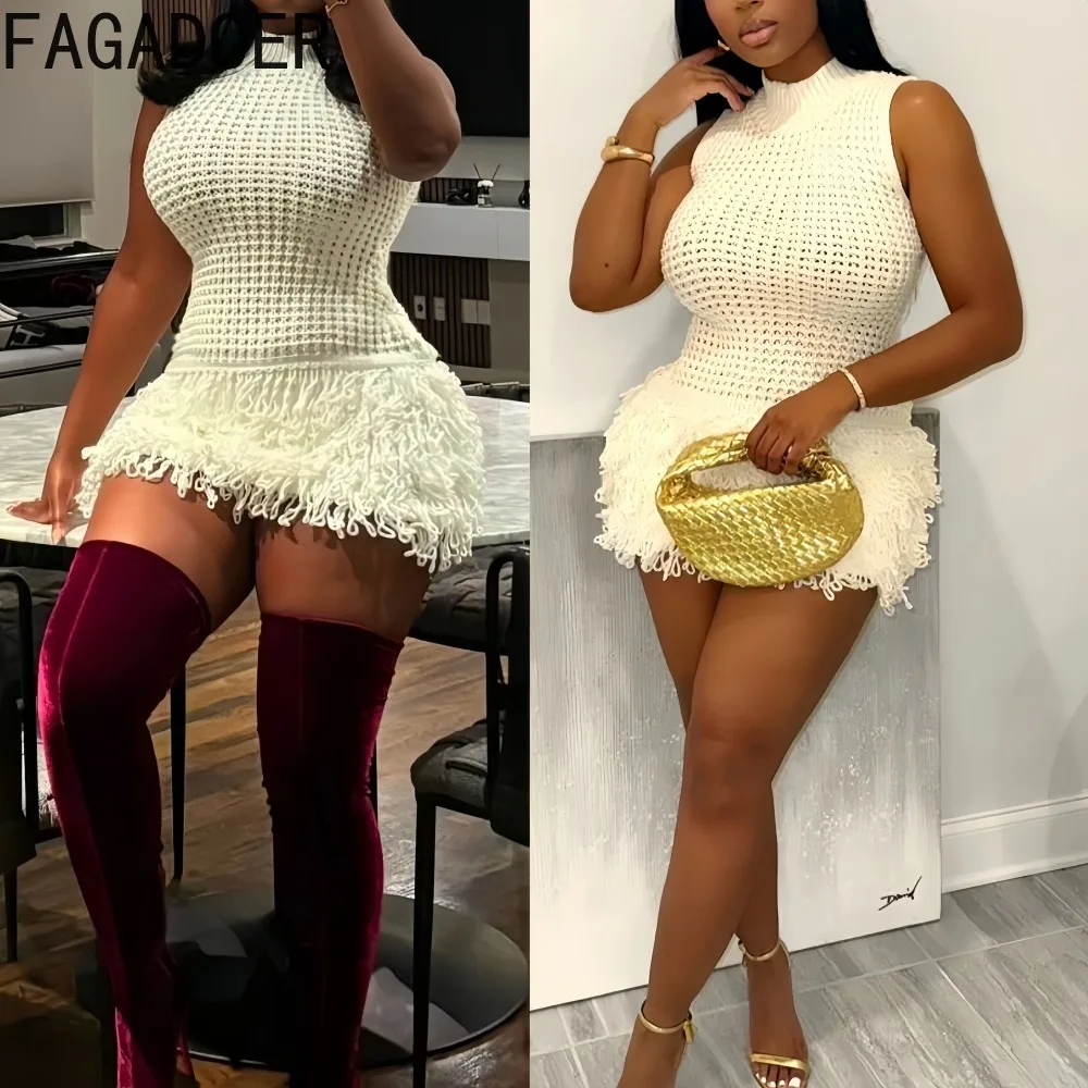 

FAGADOER Sexy Knitting Bodycon Dresses Woman Solid Color Sleeveless Tassel Patchwork Dress Female Party Clubwear Vestidos 2025