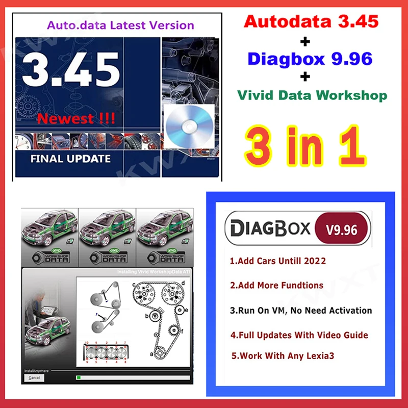 3 IN 1 Auto data 3.45 + Diagbox 9.96 + Vivid Data Workshop Car Repair Auto Diagnostic Virtual Box data Car Tool