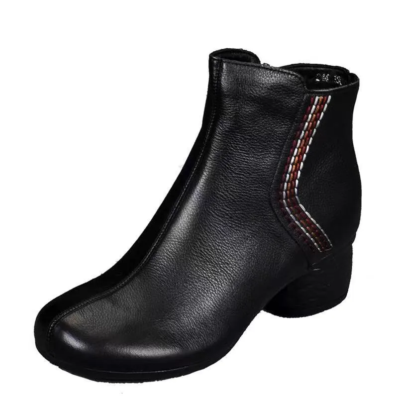 Women\'s Single Boots Spring andAutumn New National Retro Round Head Short Boots Casual Fashion Increase Waterproof Leather Shoes