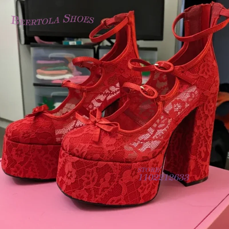 Bright Red Mesh Lace Flower Sexy Sandals Women Platform Buckle Stripes Hollow Chunky Heels Round Ballet Bow Elegant Party Shoes