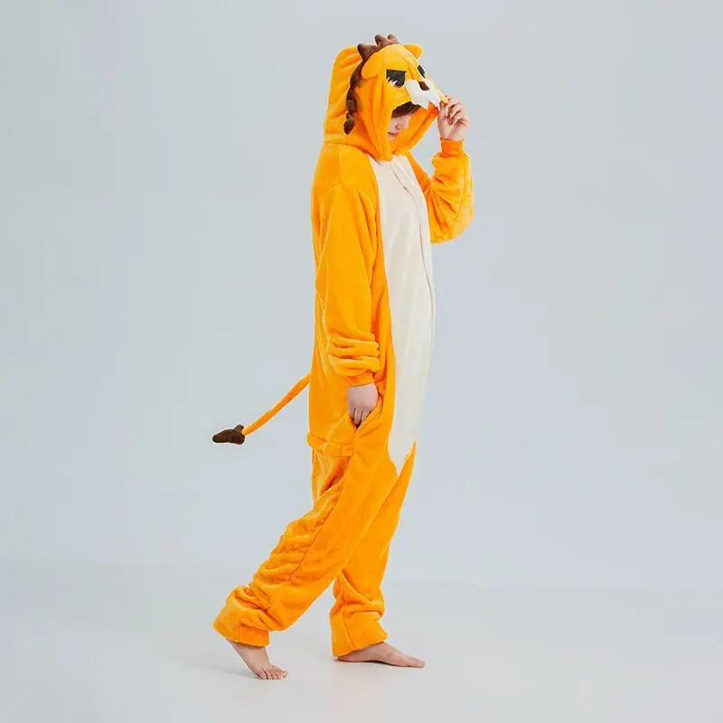 Orange Lion kigurumis Jumpsuits Pajamas Set Cute Animal Costume Individual funny Hooded Flannel Velvet Sleepwear for Adult Women