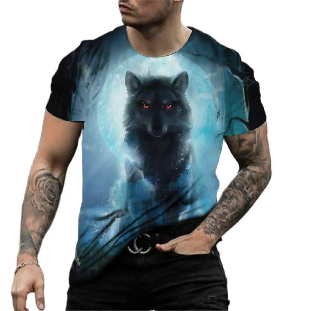 Vintage T Shirt Mens 3D Animal Print Short Sleeve Tops Casual Street Wolf Graphics T-shirt Oversized Tee Shirt Men Clothing