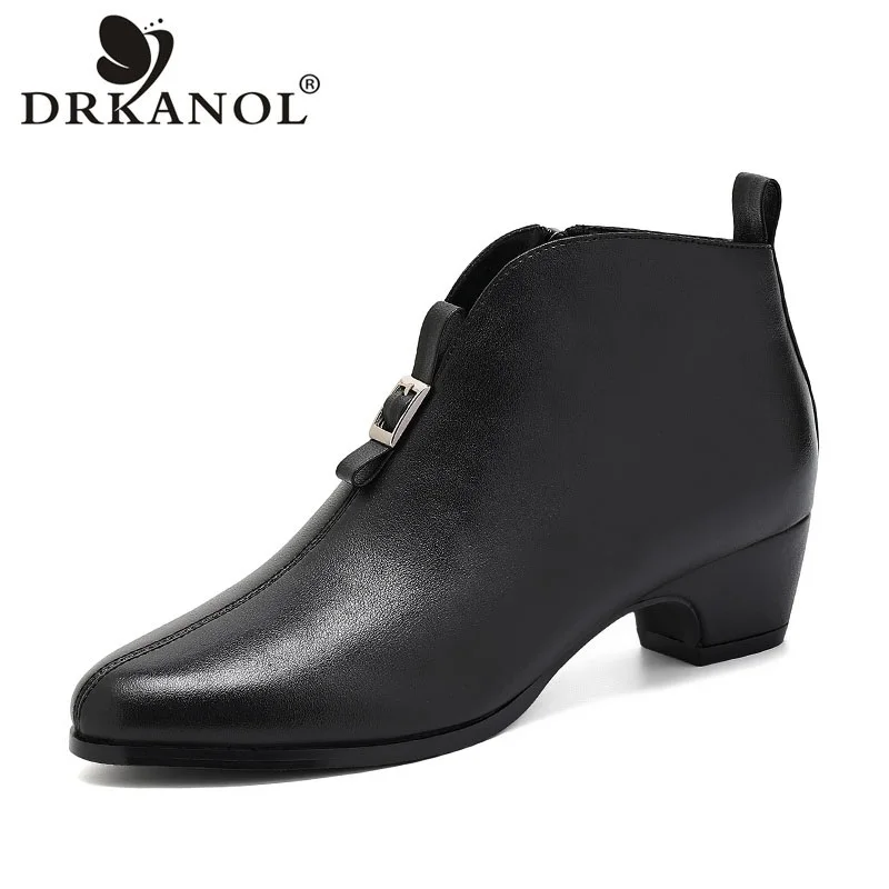 DRKANOL Ladies Thick Heel Boots Autumn Winter Genuine Leather Sheepskin Pointed Toe Casual Short Boots Women Plush Warm Shoes