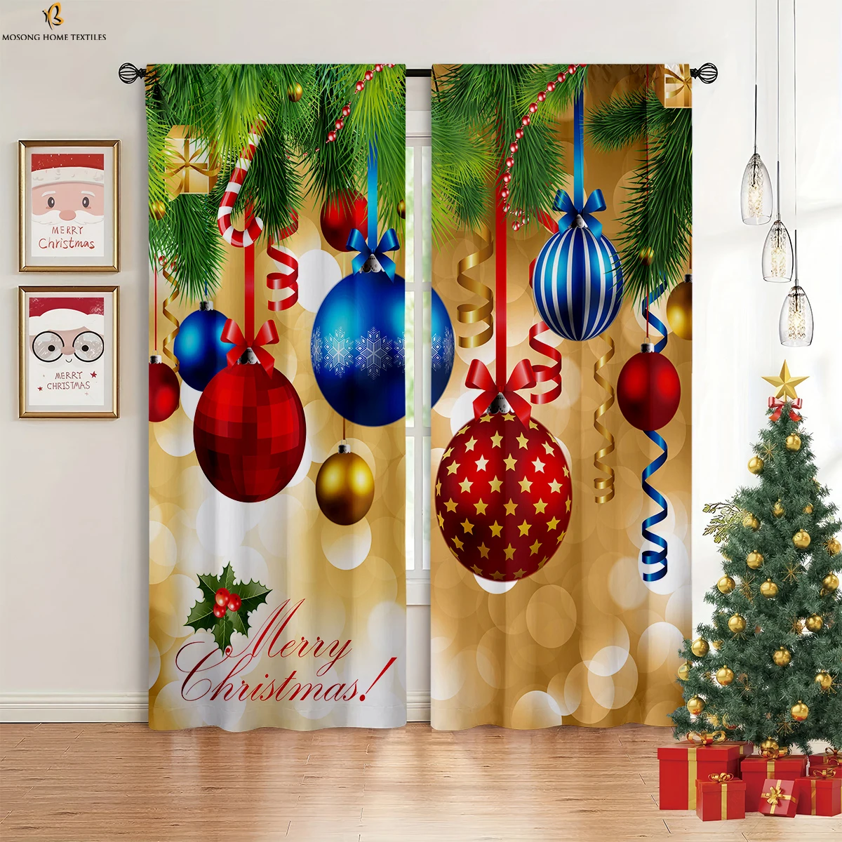 Christmas Decoration Curtains Colorful Balls Santa Claus Elk Pattern Holiday Party Window Decoration Curtains 2 Pieces