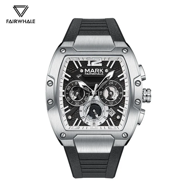 Fairwhale Tonneau Watch Men Fashion Sport Stainless Steel Chronograph Quartz Timepiece Casual Silver Luminous Dive Mille Clock