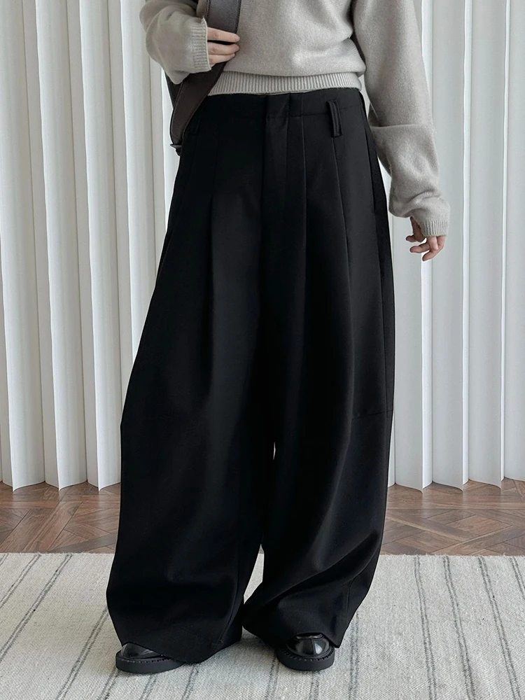 [EAM] High Waist Brown Thick Pleated Long Wide Leg Elegant Pants New Trousers Women Fashion Tide Spring Autumn 2024 1DH7814