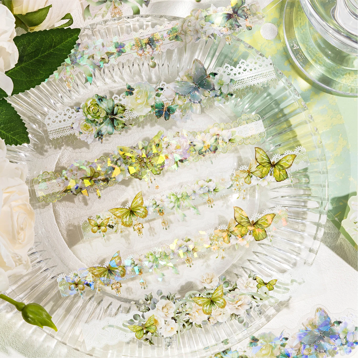 Flower Butterfly Theme Shell Light Lace Edge PET Sticker Pack DIY Handmade Material Scrap Book Decoration Aesthetics Stationery