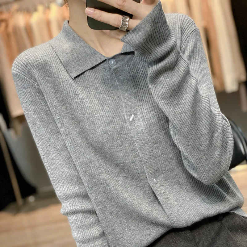 New Chic Autumn Winter Women‘s Lapel collar Solid color Cashmere Cardigan Sweater Cashmere Cardigan Female Tops