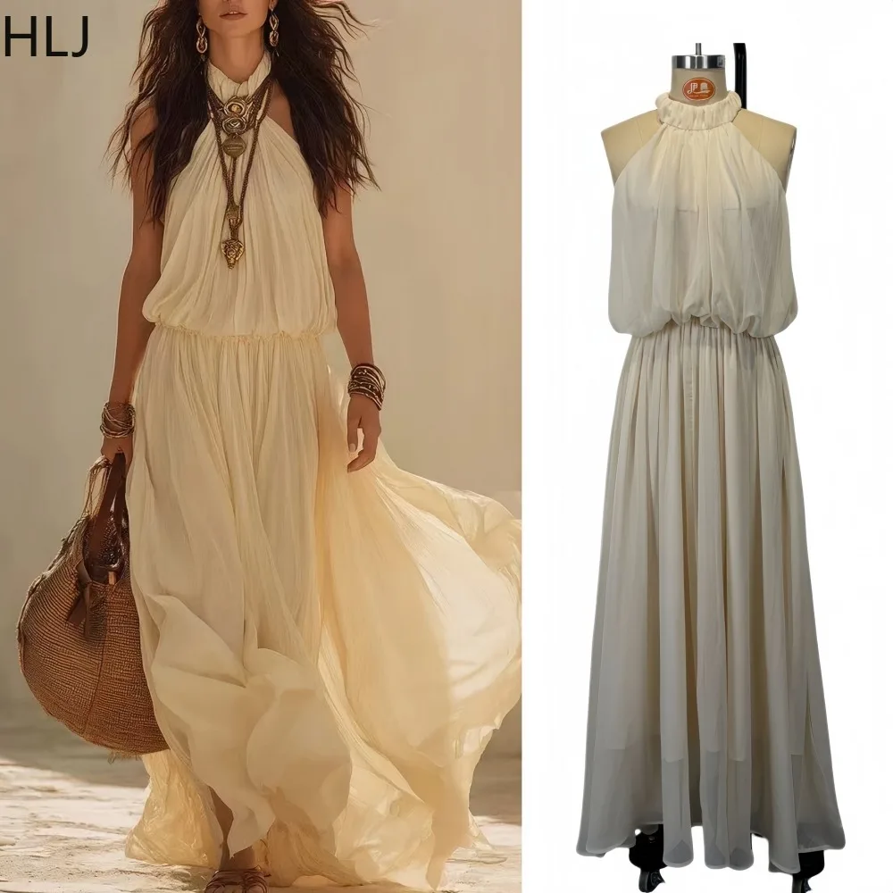 HLJ Elegant Boho Women Halter Sleeveless Pleated Long Dress Solid Color Ruched Patchwork Dresses Female Streetwear Vestidos New