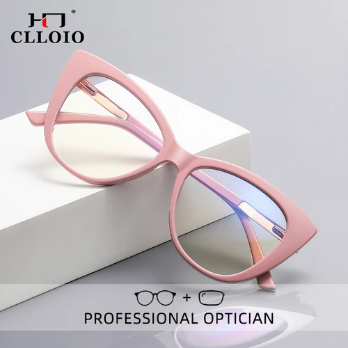 CLLOIO, gafas de lectura tipo ojo de gato para mujer, antiluz azul, marco geométrico rosa, gafas graduadas para miopía, astigmatismo, PF2097
