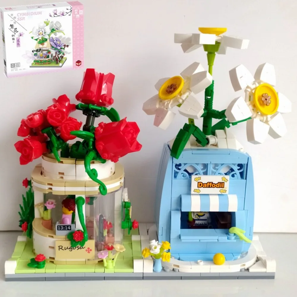 Creative Street View Building Blocks Rose Narcissus Plum Blossom Cherry Blossom High Aesthetic Ornament Assembling Toy Kid Gift