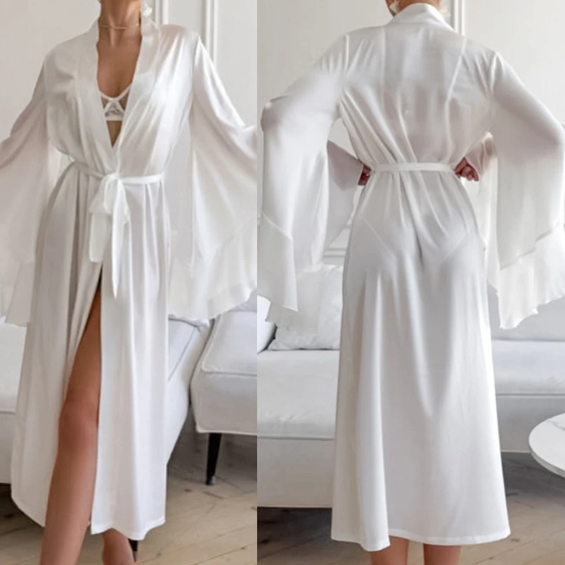 

Elegant Women Long Robe Sexy Silky Satin Bell Sleeve Kimono Bathrobe Gown Spring Summer Nightgown Loungewear Loose Homewear