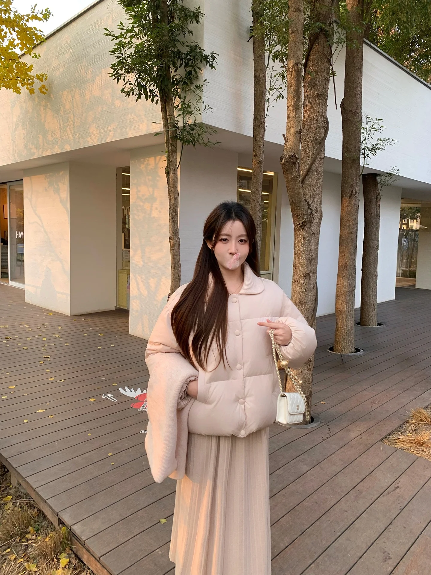 

Cute Pink Duck down Jacket Knitted Doll Collar Patchwork Outerwear Winter Warm Casual Style Regular Fit Long Sleeve Coat