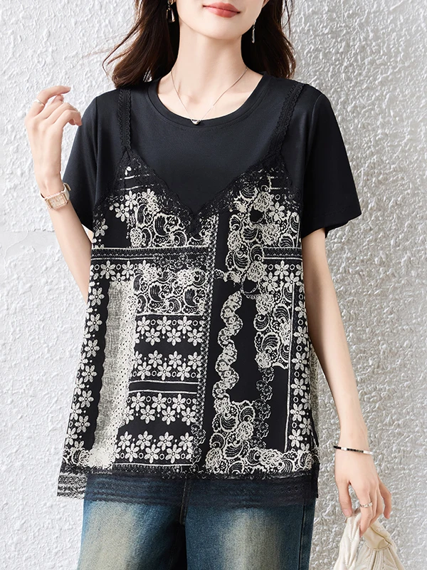 Faionable Vielseitiger Blumendruck ort Sve 2025, Sommer, neues Design Sensation Dr. T-Shirt, klein, rund, Ne