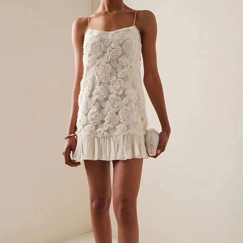 Spring 2025 New Women's Fashionable Floral Splicing Strapless Dress 3D Flowers Matching Atmosphere Sense Polyester Fiber 100%