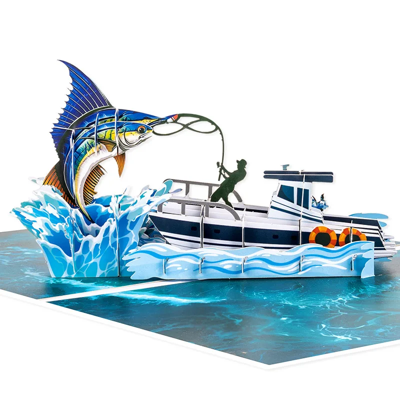 

New Creative 3D Pop-Up Greeting Card Travel Vacation Sea Fishing Swordfish Card Handmade Gift With Envelope Father's Day Card