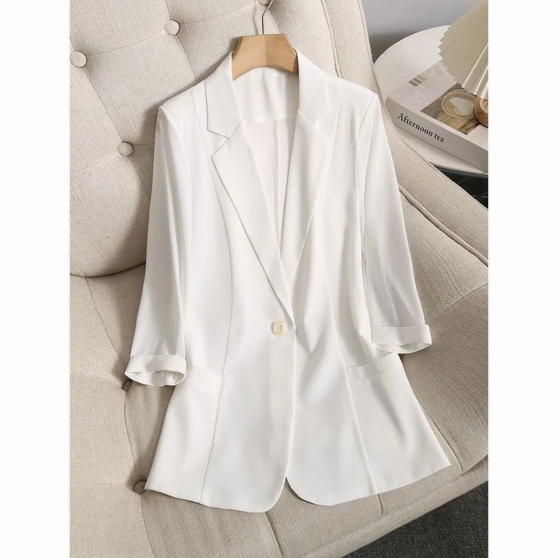 

White Summer Thin Casual Suit Jaet Women's Small Size 2024 New Seven Sve Chiffon Top Chinese Production Ladies Faion