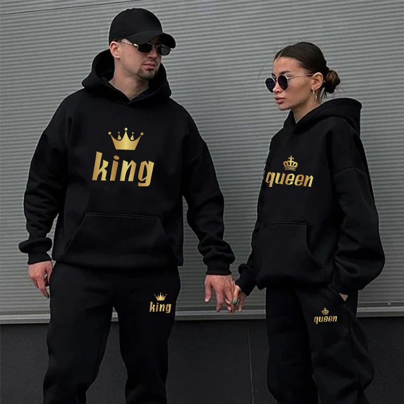 

2024 New Men's And Women's Casual CottonAutumn and Winter KING and QUEEN Couple Fashion Print Couple Hoodie + Pants 2-piece Suit