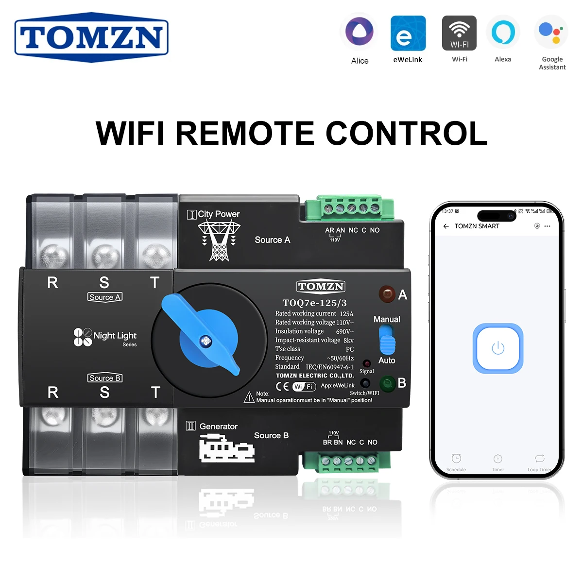 

TOMZN 110V 120V Three Phase WIFI smart ATS Dual Power Automatic Transfer Selector Switch Uninterrupted 3P 125A eWeLink Din Rail