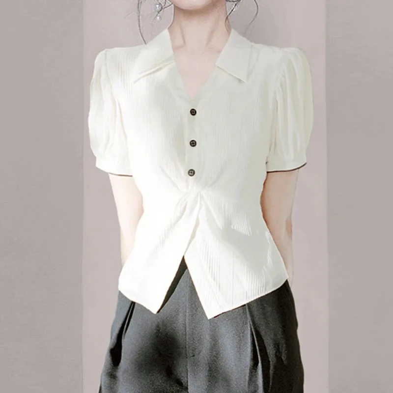 Women's Turn-down Collar Puff Sleeve Blouse Twist Waist Button Front Elegant Top