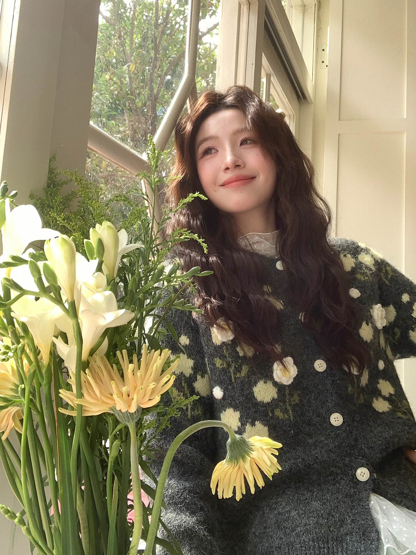 

Корейский теплый вязаный кардиган из смесовой шерсти с цветочным узором, мягкий, удлиненный, стандартного кроя, готовый к носке