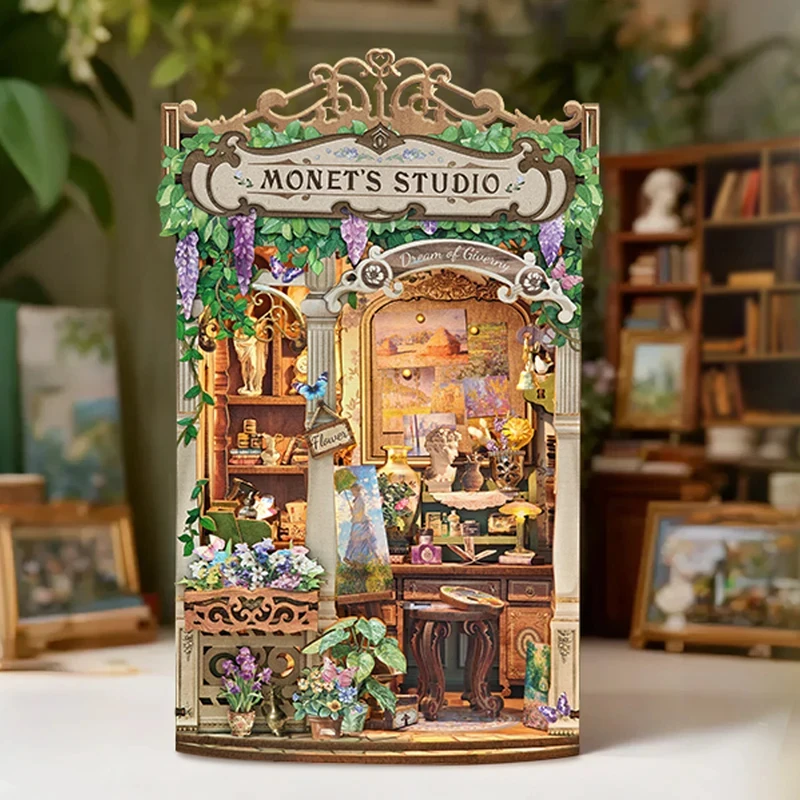 

NEW DIY Wooden Book Nook Figurines Miniature Kits Monet's Impression Bookshelf Home Bookend Decoration For Adult Handmade Gifts