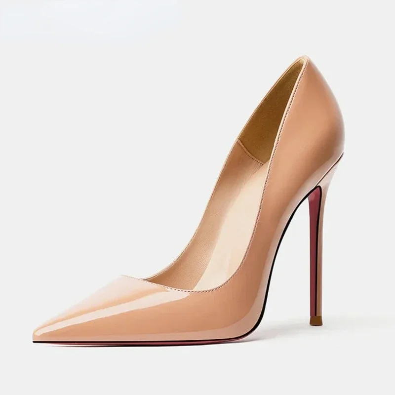 Zapatos de tacón alto con suela roja para mujer, calzado Sexy con punta puntiaguda de 12cm, para vestido de novia, Color negro Nude, Fondo de goma roja, de marca