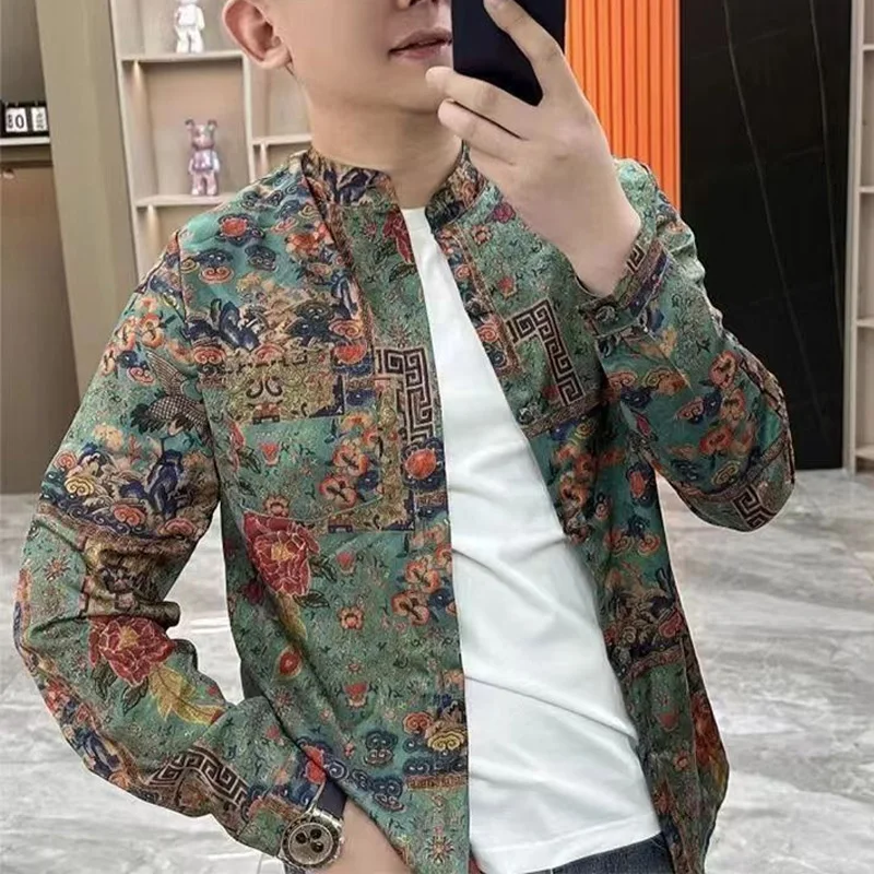 Spring Autumn New Floral Printing Jacket Man Fashion Round Neck Long Sleeve Button Cardigan Chinese Style All-match Y2K Outwear