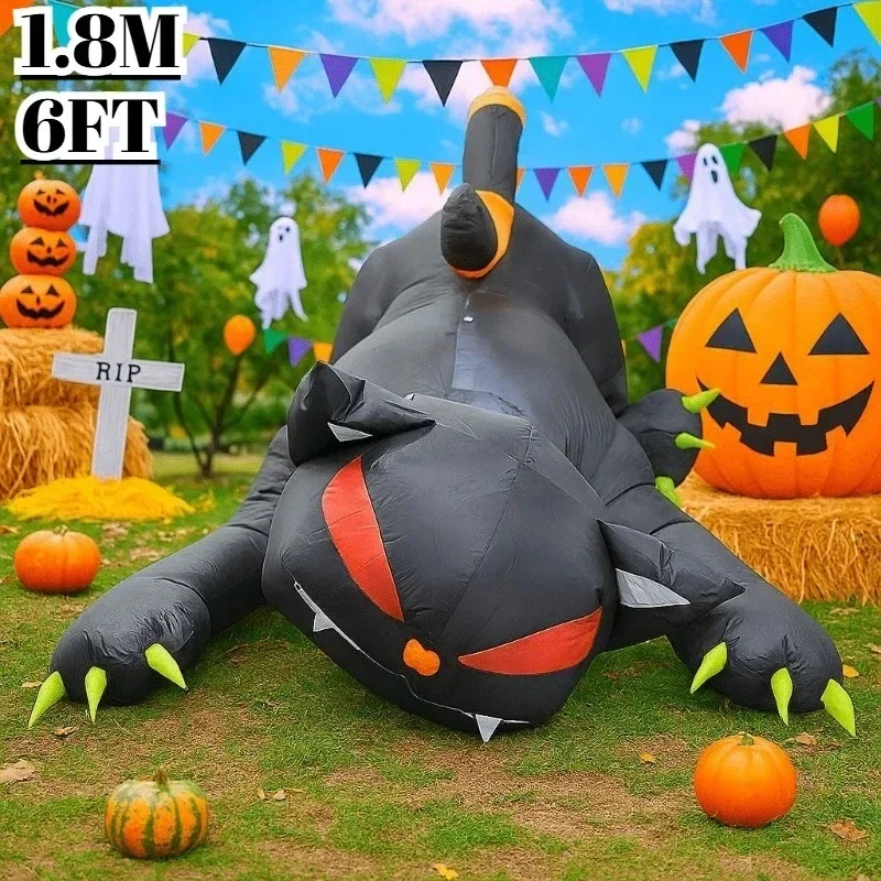 Jouets gonflables de 1.8M, décoration d'halloween, chat noir, secoue la tête, ornement de fête de jardin, LED intégré, cour fantôme, jardin, pelouse intérieure